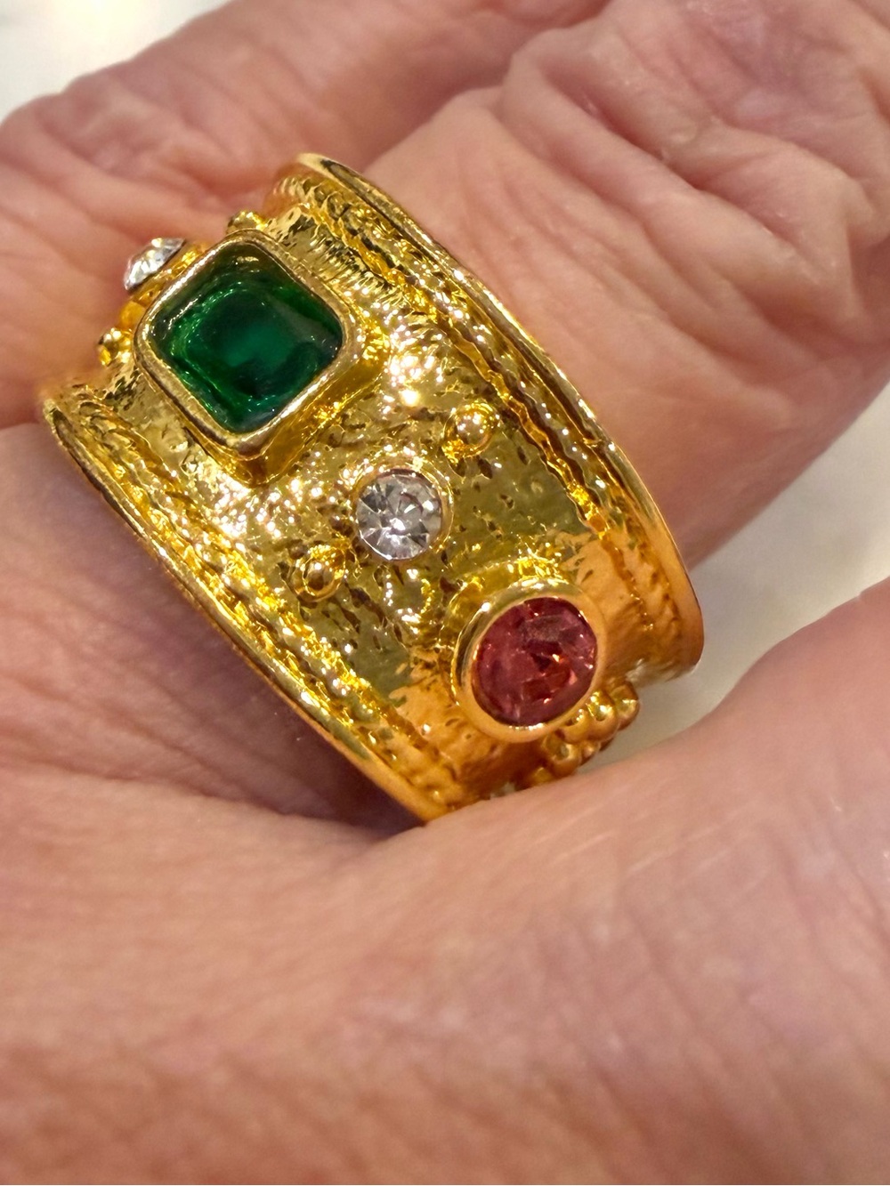 Stunning Bright Gold-Tone Wide Band Ring with Green, Pink and Clear Stones 8.5